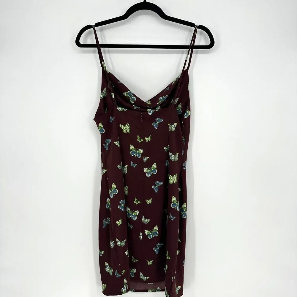 Urban Outfitters Y2K Mini Satin Slip Dress Size M Brown Butterflies Whimsical - Picture 9 of 10